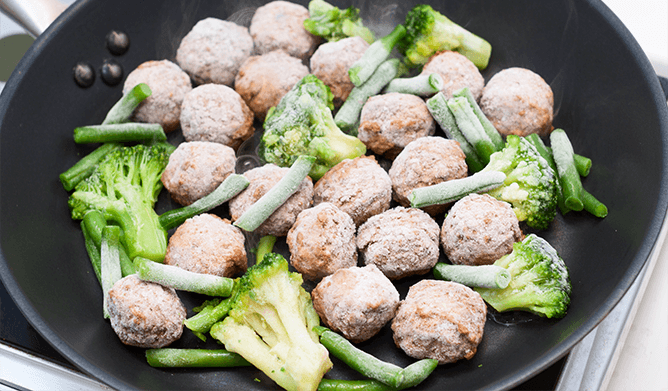 To keep food from sticking to the bottom of the cooking pans, try to avoid  putting cold foods into a hot pan.