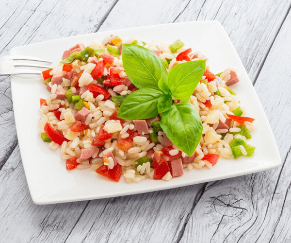 Spicey Chicken rice salad with peach, coriander & almonds 